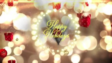 Sezon kutlamalarının animasyonu kırmızı arka planda hediyeler eşliğinde peri ışığı çerçevesinde yazılmış metinler. Yeni yıl, Noel, gelenek ve dijital olarak üretilen kutlama konsepti.