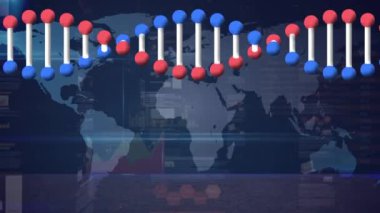 Dünya haritasının üzerindeki DNA iplikçiklerinin animasyonu. küresel sosyal medya, bağlantılar ve dijital arayüz konsepti dijital olarak oluşturulmuş video.