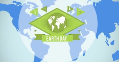 Dünya günü metninin animasyonu ve mavi dünya haritasının üzerindeki yeşil dünya logosu. küresel koruma ve yeşil farkındalık kavramı dijital olarak oluşturulmuş video.