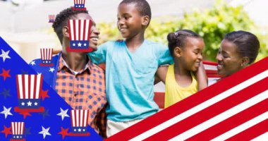 Gülümseyen aile animasyonu ve Amerikan bayrağına boyanmış şapkalar. Vatanseverlik ve kutlama konsepti dijital olarak oluşturulmuş video.