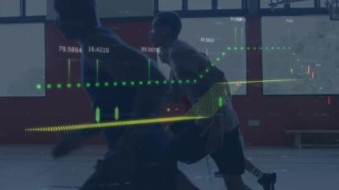 Sporcular üzerinde veri ve istatistik işleme animasyonu. global spor, dijital arayüz ve veri işleme kavramı dijital olarak oluşturulmuş video.