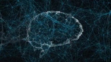 Bağlantı ağlarının animasyonu ve insan beyninin dijital modeli siyah arkaplan üzerinde. küresel bağlantılar, dijital arayüz, dijital olarak oluşturulan veri işleme konsepti.