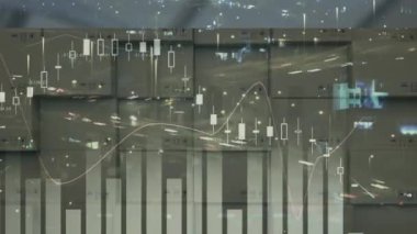 Depodaki karton kutuların üzerinden geçen istatistiklerin animasyonu. küresel gönderim ve bağlantılar konsepti dijital olarak oluşturulmuş video.