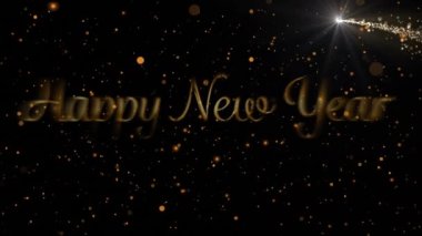 Yeni yıl mesajları, kar ve konfetilerin siyah arka planda düşüşünün animasyonu. Noel, gelenek ve kutlama konsepti dijital olarak oluşturuldu.