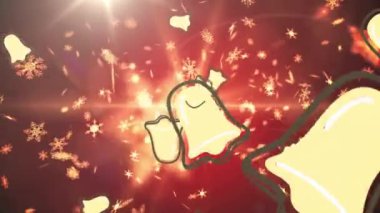 Düşen çanların ve kırmızı arka planda spot ışıkları olan beyaz kar tanelerinin animasyonu. Noel, kış mevsimsel selamlar ve dijital olarak oluşturulan kutlama konsepti.