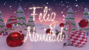 Kış manzaralı, kar ve Noel süslemeleriyle Noel kutlamalarının animasyonu. Noel, gelenek ve kutlama konsepti dijital olarak oluşturuldu.