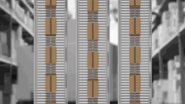 Karton kutuların depodaki taşıma bantlarında hareket etmesi. küresel gönderim ve bağlantılar konsepti dijital olarak oluşturulmuş video.