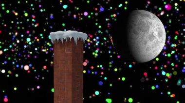 Bacalı, renkli benekli ve dolunaylı kış yılbaşı manzarasının animasyonu. Noel, kış ve kutlama konsepti dijital olarak oluşturuldu.