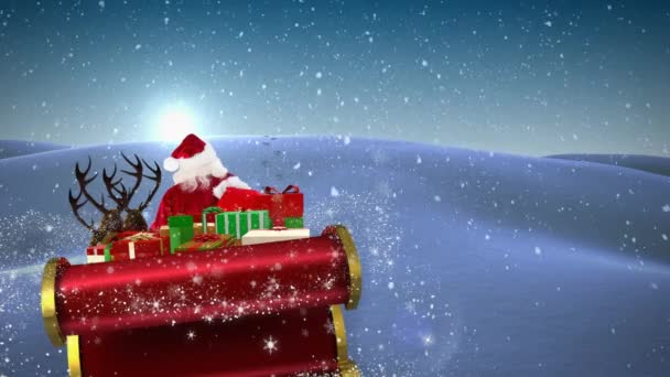 Animación Santa Claus Trineo Con Regalos Navidad Nieve Cayendo Paisaje — Vídeos de Stock