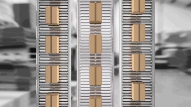 Animación Cajas Cartón Moviéndose Sobre Cintas Transportadoras Sobre Almacén Concepto — Vídeo de stock