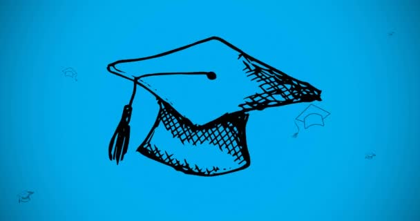 Animación Gorras Graduación Sobre Fondo Azul Concepto Educación Desarrollo Aprendizaje — Vídeo de stock