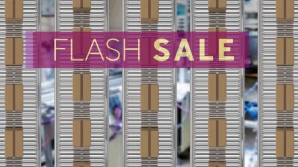 Animatie Van Flash Sale Tekst Kartonnen Dozen Transportbanden Global Delivery — Stockvideo