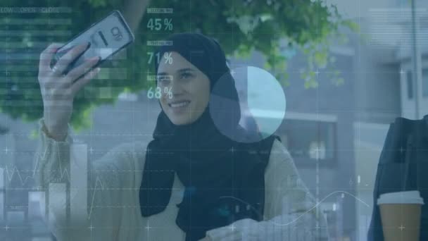 Animação Processamento Dados Financeiros Sobre Mulher Hijab Usando Smartphone Conceito — Vídeo de Stock