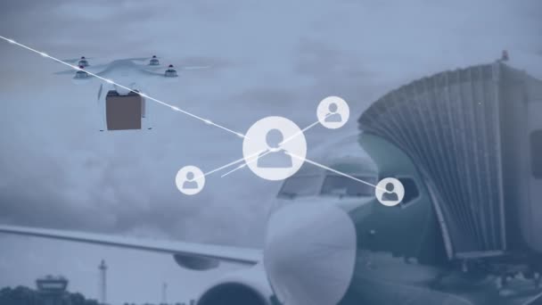 Анімація Мереж Єднань Цифрового Безпілотника Над Літаком Глобальні Соціальні Мережі — стокове відео
