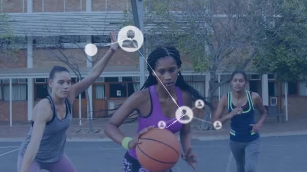 Animace Sítí Spojení Přes Ženské Basketbalové Hráče Globální Sociální Média — Stock video