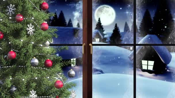 Animazione Del Paesaggio Invernale Con Decorazione Natalizia Vista Attraverso Finestra — Video Stock
