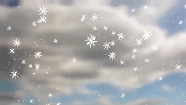 Bulutların Mavi Gökyüzünün Üzerine Yağan Karın Animasyonu Noel Kış Kutlama — Stok video