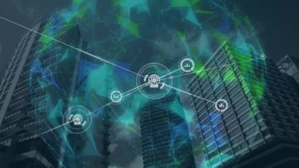 Şehir Manzarası Üzerindeki Simgelerle Bağlantı Ağının Animasyonu Ticari Bağlantılar Teknoloji — Stok video