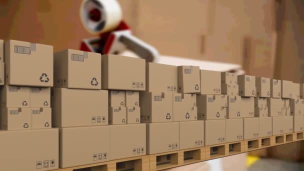 段ボール箱のアニメーション倉庫の上コンベアベルト上に移動します 世界的な出荷と接続の概念デジタル生成されたビデオ — ストック動画