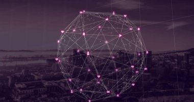 Mor dijital simgelerin ve şebekelerin Dijital kompozit görüntüsü şehir manzarası boyunca mor arkaplanla karşılaşıyor. 