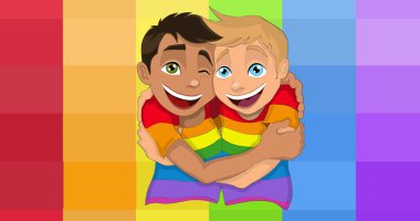 Gökkuşağı çizgili arka planda sarılan iki farklı çocuk. lgbtq gurur ve eşitlik kutlaması konsepti dijital olarak oluşturulmuş video.