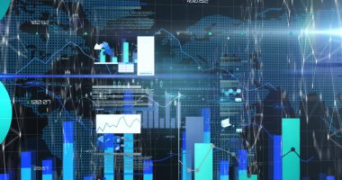 Finansal veri işlemenin dijital görüntüsü ve dünya haritasında mavi arka planda parlayan ışık noktası. Küresel ekonomi ve finans kavramı