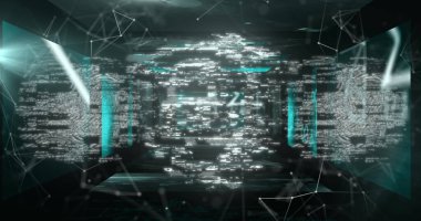 Parmak izli dijital arayüz görüntüsü ve siyah arkaplandaki bağlantı ağının üzerindeki asma kilit. Dijital ağ teknolojisi güvenlik konsepti dijital olarak oluşturuldu.