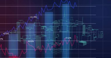 Arka planda üç boyutlu şehir manzarası modelinin finansal veri işleme görüntüsü. Küresel finans sektörü arayüzü kavramı dijital olarak oluşturulmuş görüntü.