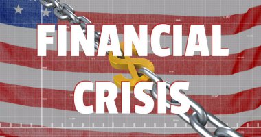 Finansal Kriz metni resmi kırmızı hat kaydı, Amerikan doları işareti ve Amerikan bayrağı. Küresel finans iş ekonomisi krizi kavramı dijital olarak oluşturulmuş görüntü.