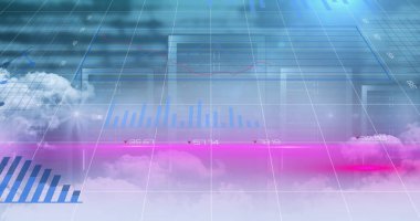 Bulutların üzerinden bilgisayar sunucularına karşı istatistiksel veri işleme görüntüsü. küresel finans ve siber güvenlik kavramı