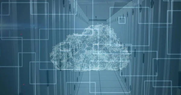 Obrázek Digitálního Cloudu Čtverci Nad Technologickou Místností Počítačovými Servery Digitální — Stock fotografie