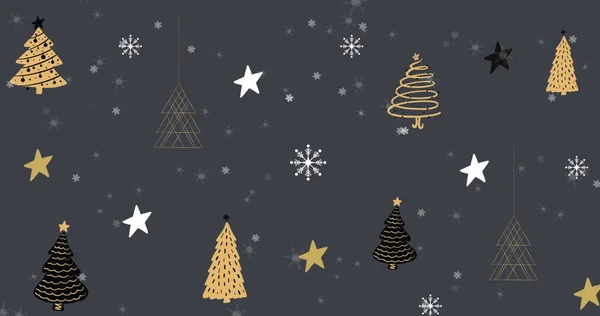 Imagem Árvores Natal Estrelas Decorações Penduradas Com Neve Caindo Sobre — Fotografia de Stock