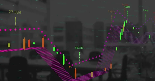 Imagem Digital Composta Processamento Dados Financeiros Estatísticos Contra Escritório Vazio — Fotografia de Stock