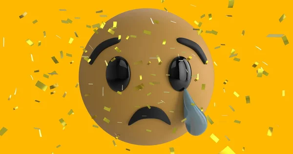 Obrázek Smutné Emoji Ikony Žlutém Pozadí Padající Zlaté Konfety — Stock fotografie
