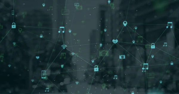 Digitales Zusammengesetztes Bild Des Netzwerks Der Verbindung Glühende Grüne Symbole — Stockfoto