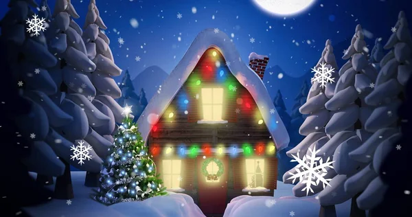 Immagine Cartello Rosso Coperto Neve Casa Decorata Con Luci Natale — Foto Stock