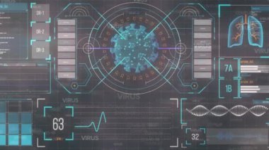 Coperid 19 hücre ve veri işleme animasyonu. küresel covid 19 salgın, ilaç ve sağlık konsepti dijital olarak oluşturulmuş video.