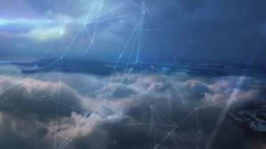 Manzara üzerindeki bağlantı ağlarının animasyonu. küresel bağlantılar, dijital arayüz, dijital olarak oluşturulan veri işleme konsepti.