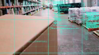 Boş bir depoda veri işleme animasyonu. küresel sevkiyat, dağıtım ve bağlantılar konsepti dijital olarak oluşturulmuş video.