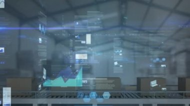 Depodaki karton kutuların üzerinden geçen istatistiklerin animasyonu. küresel gönderim ve bağlantılar konsepti dijital olarak oluşturulmuş video.