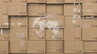 Karton kutuların üzerinden geçen istatistiklerin animasyonu. küresel gönderim ve bağlantılar konsepti dijital olarak oluşturulmuş video.