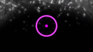 Siyah gökyüzü arka planında kar taneleri üzerinde dönen dairesel pembe dürbünün animasyonu. İletişim, bağlantı ve dijital arayüz teknolojisi konsepti dijital olarak oluşturulmuş video.