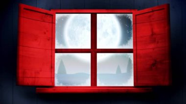 Kış manzarası animasyonu ve pencereden bakıldığında noel süsü. Noel, gelenek ve kutlama konsepti dijital olarak oluşturuldu.