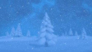 Kışın köknar ağaçlarının üzerine düşen kar animasyonu. Noel, kış ve kutlama konsepti dijital olarak oluşturuldu.