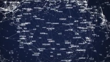 Mavi arkaplandaki iş metinleriyle bağlantı ağının animasyonu. iletişim teknolojisi, veri paylaşımı ve dijital arayüz konsepti dijital olarak oluşturulmuş video.