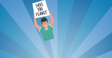 Gezegen metnini mavi çizgili arka plandaki adamın tuttuğu pankartla kurtarma animasyonu. küresel koruma ve yeşil farkındalık kavramı dijital olarak oluşturulmuş video.