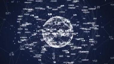 Dünya üzerindeki iş metinleriyle bağlantı ağının animasyonu. iletişim teknolojisi, veri paylaşımı ve dijital arayüz konsepti dijital olarak oluşturulmuş video.