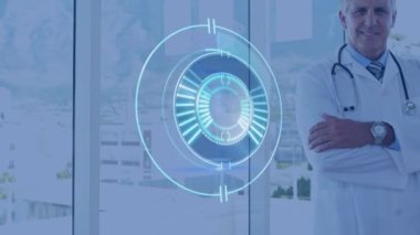 Doktorun kameraya bakışını gösteren bir animasyon. küresel tıp, sağlık ve teknoloji konsepti dijital olarak üretilen video.