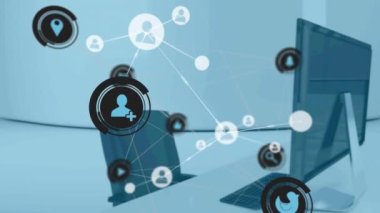 Ofis üzerinden bağlantı ağının animasyonu. ticari, ağ, bağlantılar, teknoloji ve dijital arayüz kavramı dijital olarak oluşturulmuş video.