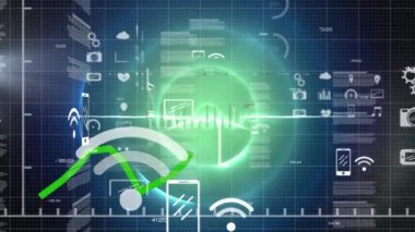 Yeşil çizgi ve kapsam taraması ile istatistik işleme animasyonu. küresel iş, finans, dijital arayüz ve dijital olarak oluşturulmuş veri işleme kavramı.